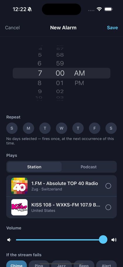 Creating a new alarm that plays a radio station.