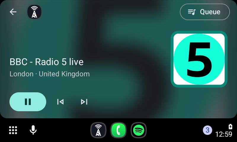 varostream in Android Auto: BBC Radio 5 Live playing, with the station's framed logo, its city and country, and a Queue button.