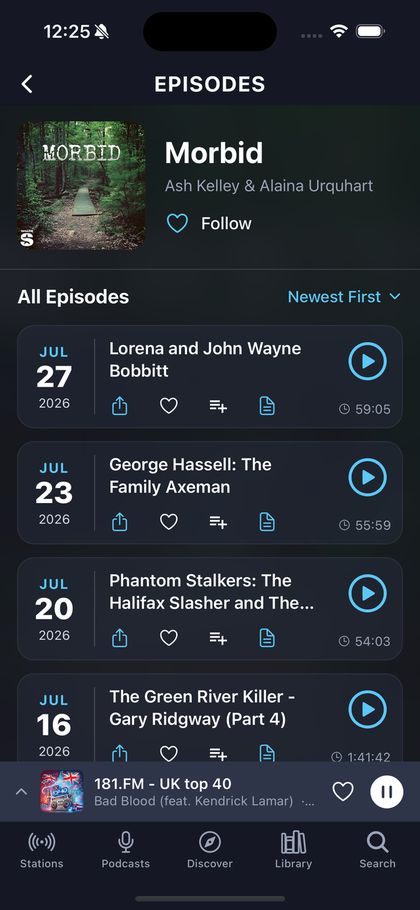 A podcast detail screen listing every episode with durations.