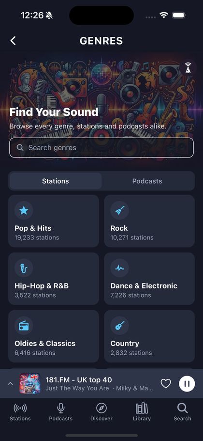 The Genres screen showing genre tiles with station counts.