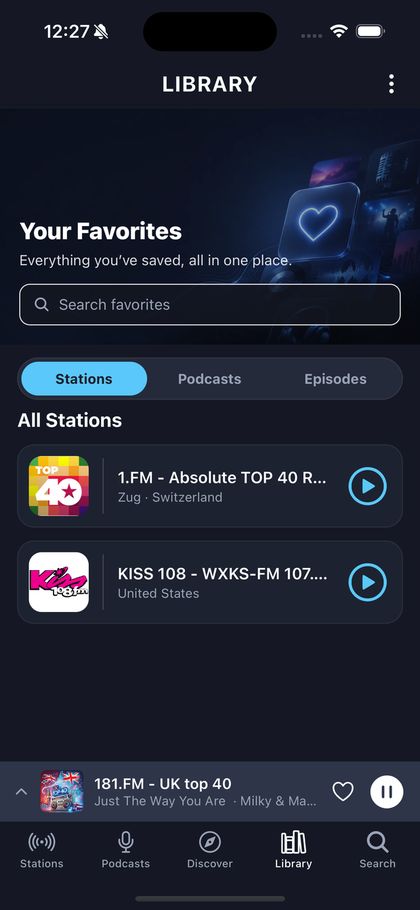 The library screen with saved stations and podcasts.