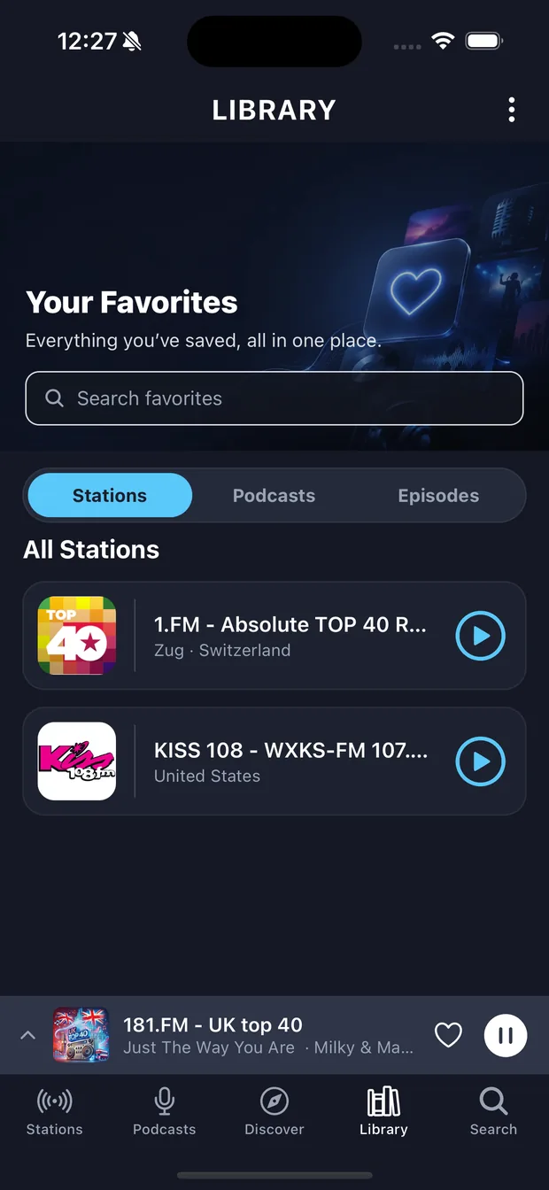 The Library tab showing saved stations, podcasts and episodes.