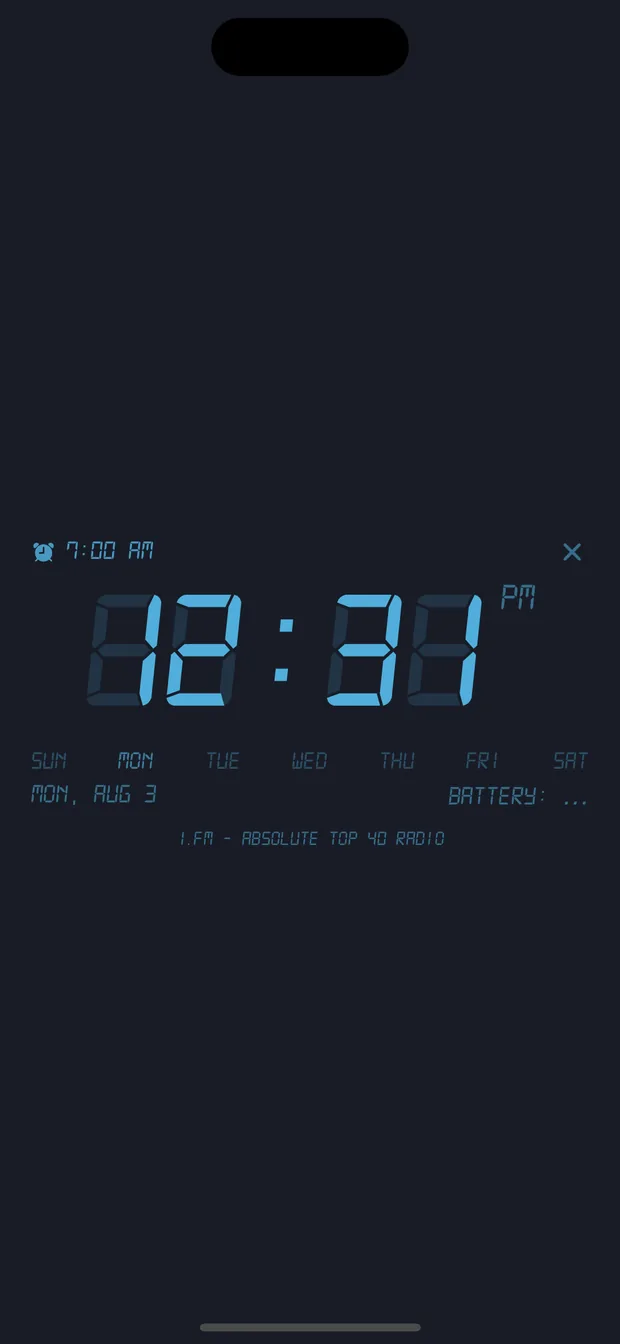 Nightstand mode showing a large LED clock.