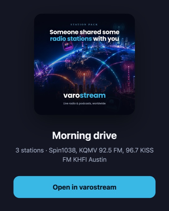A shared pack opened from its link: the varostream station-pack card, the pack name Morning drive with its three stations, and an Open in varostream button.