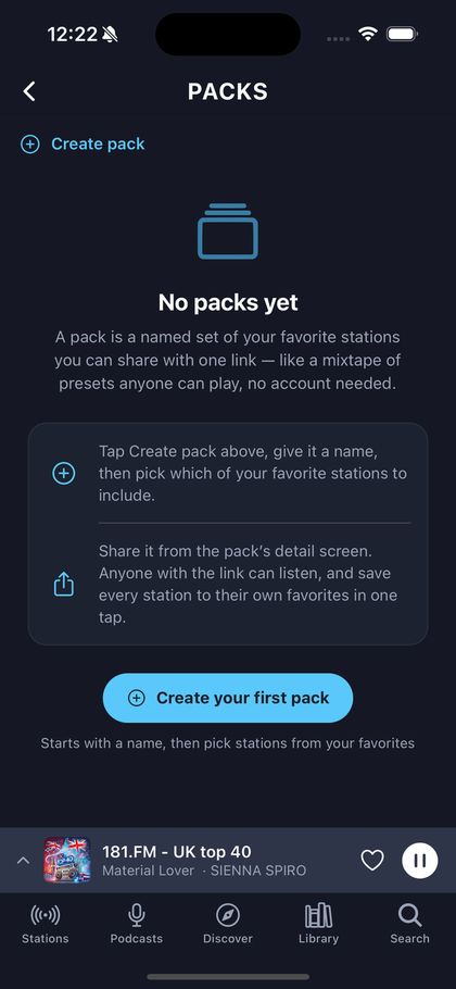 The Packs screen showing shareable station sets.