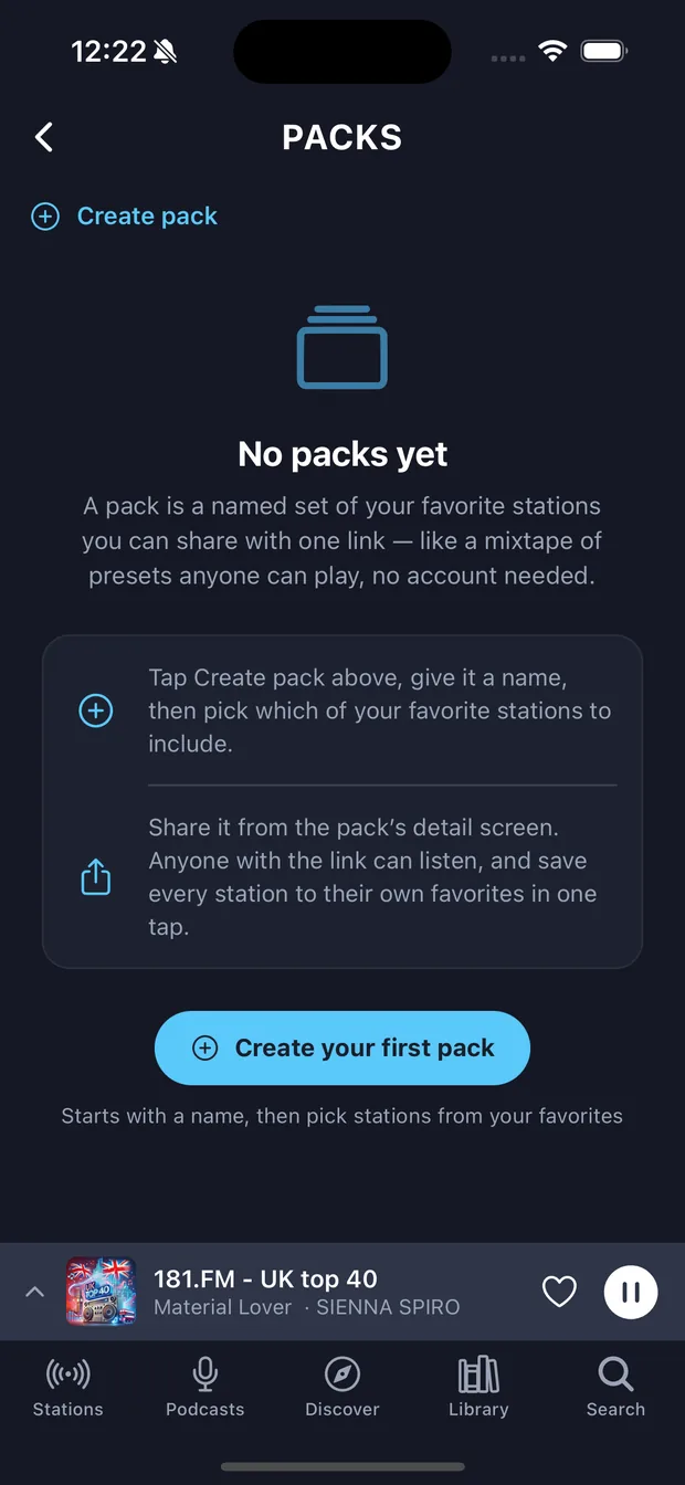 The Packs screen for building shareable station sets.