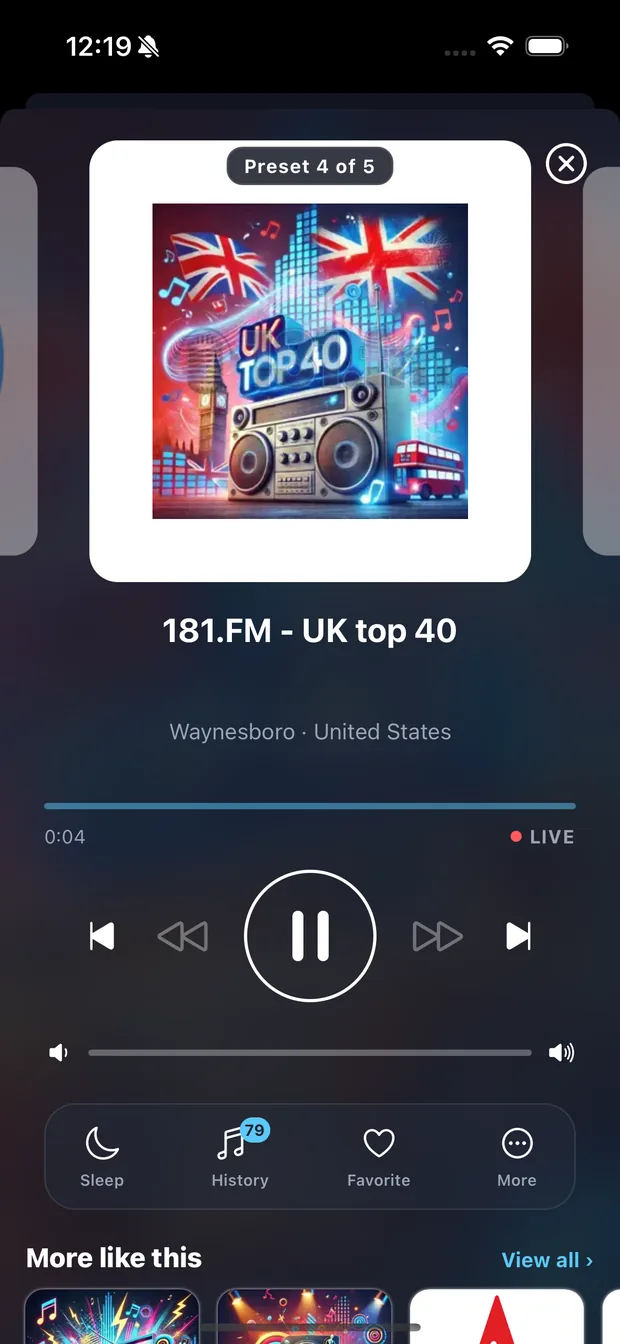 The full-screen player with artwork, live indicator and transport controls.