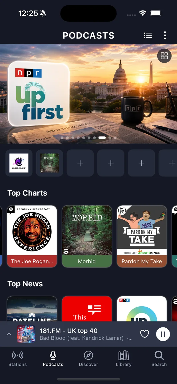The Podcasts tab with a featured banner and top charts.