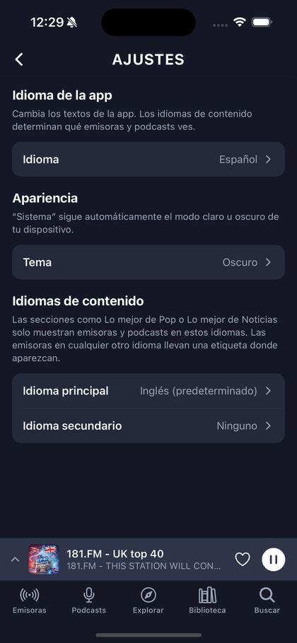 The settings screen shown in Spanish.
