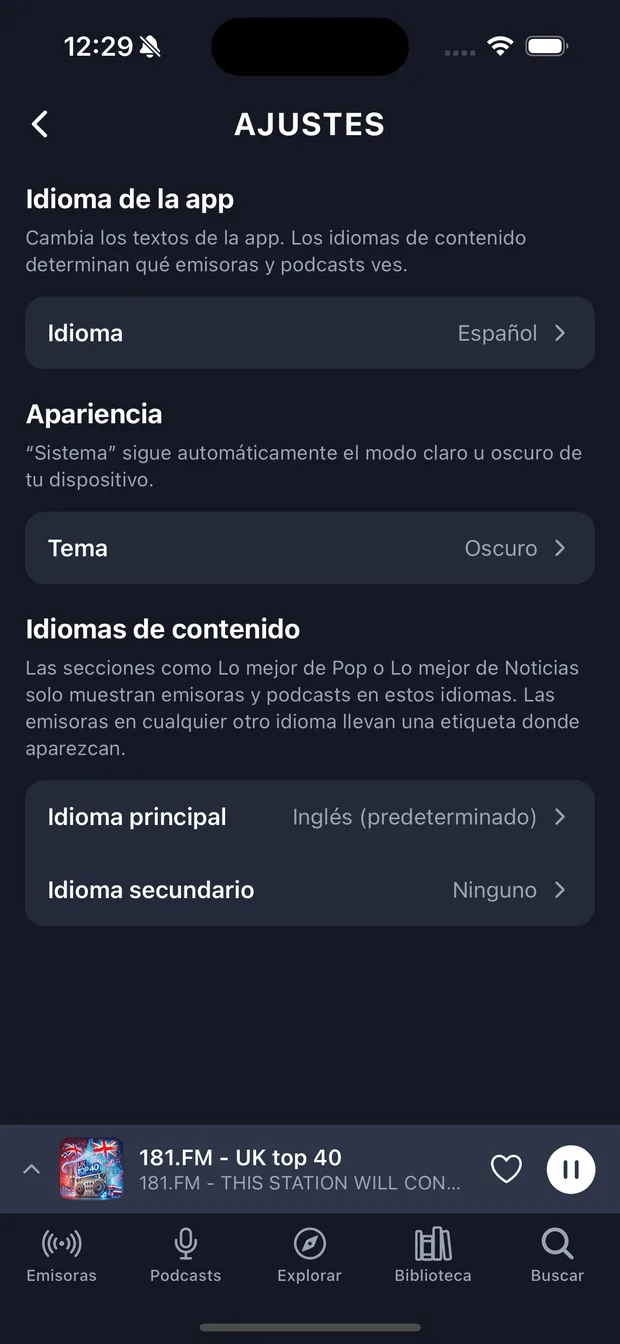 The settings screen shown in Spanish.