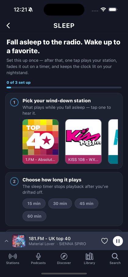 Sleep mode setup with a wind-down station and timer options.