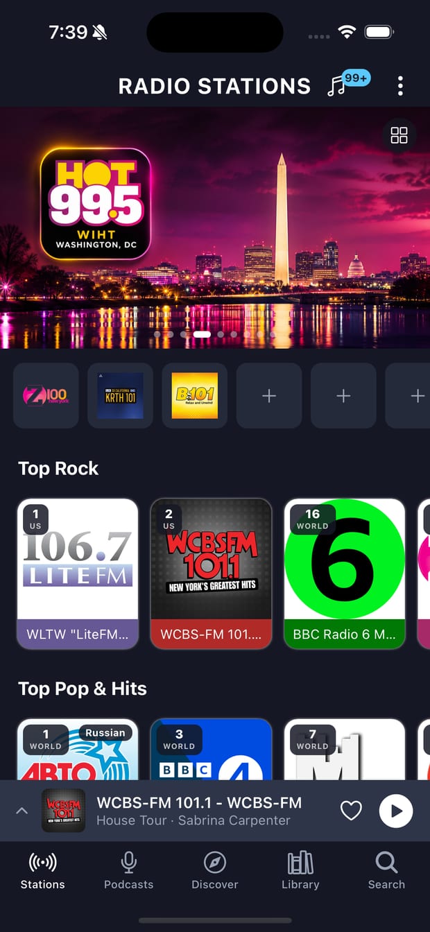 The varostream Stations tab: a featured station banner, a row of preset slots, and shelves of station artwork.