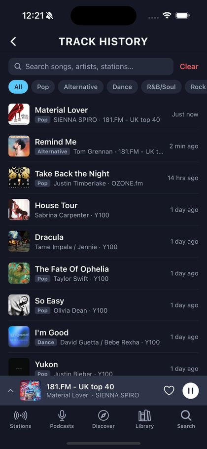 Track history listing recent songs with artist, genre and station.